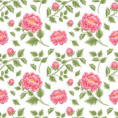 Vintage red peony floral seamless pattern with flower buds and leaf branches
