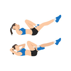 Fototapeta na wymiar Woman doing Bicycles. Elbow to knee crunches. Cross body crunches exercise. Flat vector illustration isolated on white background
