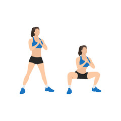 Woman doing Bodyweight sumo. Wide stance squats exercise. Flat vector illustration isolated on white background - obrazy, fototapety, plakaty