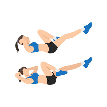 Woman doing Bicycles. Elbow to knee crunches. Cross body crunches exercise. Flat vector illustration isolated on white background