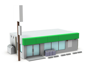 コンビニエンスストアの外観。白バック。3Dレンダリング。