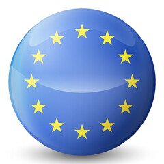 Glass light ball with European Union flag. Round sphere, template icon. EU national symbol. Glossy realistic ball, 3D abstract vector illustration highlighted on a white background. Big bubble