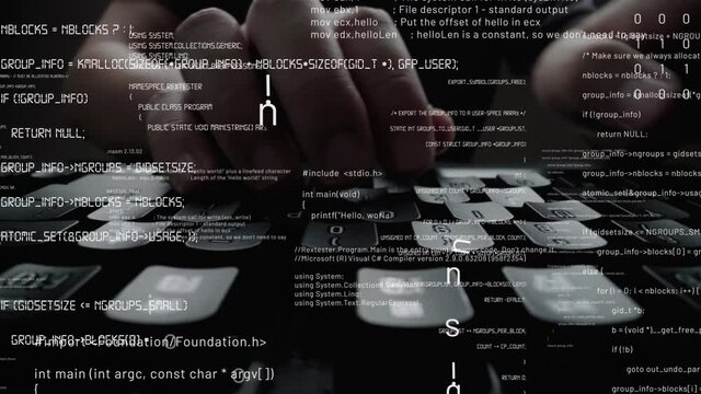 Creative visual of computer programming coding and software development shown by man working on computer keyboard with overlay of computer graphic displaying abstract program codes and computer script