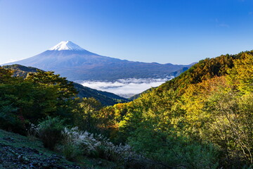 Naklejka premium 御坂峠から眺める秋の富士山と雲海に覆われた河口湖 山梨県富士河口湖町にて