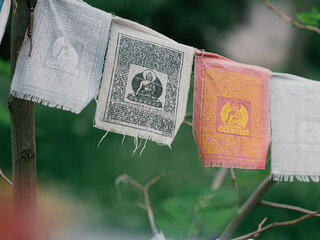 prayer flags with mantra outdoor. tibetan Lungta flags. Tibetan buddhism prayer flags lung-ta