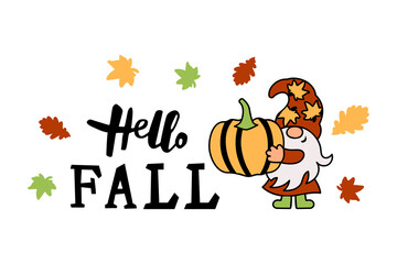 Hello Fall handwritten lettering and adorable gnome with pumpkin autumn leaves on white background. Vector illustration.