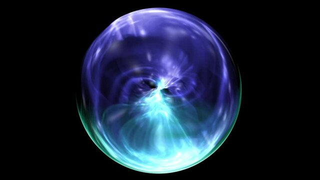 Animated motion of a spiritual meditation in an abstracted crystal ball in a dark background glowing energy flowing in magic crystal ball. Calling spirits to talk, person's fate in sorcerer's hands.4K