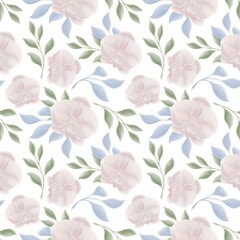 Floral seamless pattern in pastel colors, with illustrations of twigs and leaves in blue and green and an orchid flower