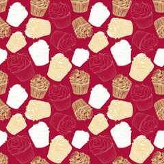 The pattern is seamless, made of golden cupcakes, hatched and contoured illustrations on a red background