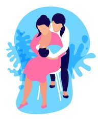 Celebrating Breastfeeding Support Week, 1-7 August. The lactation adviser helps the mother attach the newborn baby. Postpartum support, nursing mothers care. Communicating breastfeeding issues. Vector - obrazy, fototapety, plakaty