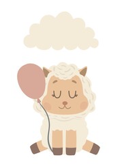 Fluffy sheep with ballon under cloud. Illustration in flat style.