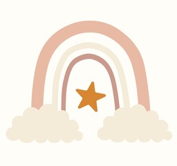 Rainbow With Clouds, Star Vector Illustration. Scandinavian style style isolated on white background. Perfect for kids, posters, prints, cards, fabric, children's books.