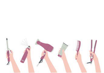 Hands with a hairdressers tool, hair dryer, comb. Background with hair salon accessories with space for text. Frame, border for beauty information.