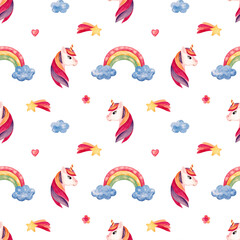 Watercolor seamless pattern with a unicorn pony. Illustration for kids textiles and nursery design.