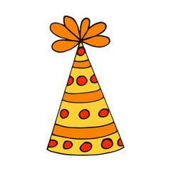 party hat with circles and stripes. hand drawn doodle style. vector, minimalism, trending color yellow, orange. festive funny.