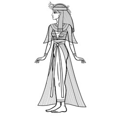 Fototapeta premium Animation linear portrait: beautiful Egyptian woman in ancient clothes with a flower on the head. Full growth. Goddess, princess. Profile view. Vector illustration isolated on a white background. 