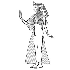 Animation linear portrait: beautiful Egyptian woman in ancient clothes extends his hand. Full growth. Goddess, princess. Profile view. Vector illustration isolated on a white background. 