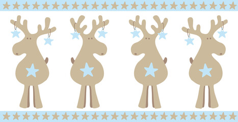 Weihnachten Rentiere in einer Reihe gucken sich an und tragen Weihnachtsschmuck im Geweih, blaue Bordüre mit Sternen, Cartoon