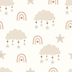 Seamless pattern with cute cartoon clouds with rainbows and stars. Sweet dreams. Nursery illustration. Design for print, fabric, wallpaper, card