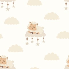 Seamless hand drawn vector pattern with cute cartoon sheeps, clouds and stars on white background.