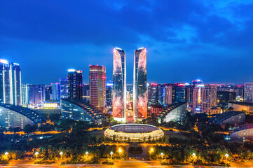 Naklejka na ściany i meble Aerial photography of the modern building skyline night view of Chengdu Financial Center