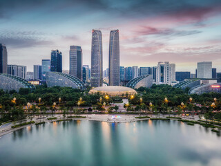 Aerial photography of the modern building skyline night view of Chengdu Financial Center