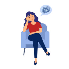 Sad woman sitting on armchair in flat design. Front view of unhappy female worrying about her problem.