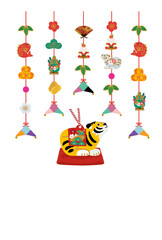 寅年　年賀状デザイン 2022年 トラの置物のイラスト　つるし飾り
