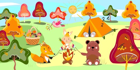 Animals at picnic in the forest. Cute autumn illustration with animals on the grass. Fox, bear, bunny, bird,  wolf. For print, posters, banners, book cover.