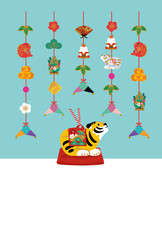 寅年　年賀状デザイン 2022年 トラの置物のイラスト　つるし飾り
