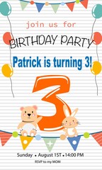 Obraz premium Cute birthday card invitation with bunny and bear for child birthday. Vector template.