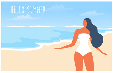 Hello summer concept, white bikini girl on the beach vector illustration
