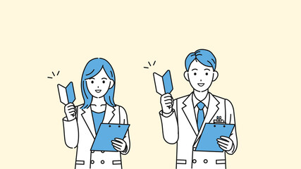 初心者マークを持つ白衣を着た男女　医者　科学者　研究員　初めて　イラスト素材