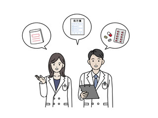 薬剤師　白衣を着た男女　医者　薬　処方箋　イラスト素材