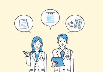 薬剤師　白衣を着た男女　医者　薬　処方箋　イラスト素材