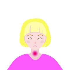 The girl winces at the pain in her throat. Sore throat in a child. Vector illustration.