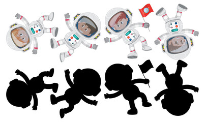 Set of different astronauts cartoon character with silhouette