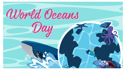 World Ocean Day banner with many different sea animals