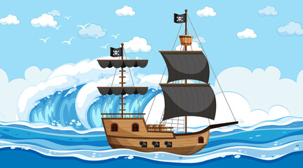 Ocean with Pirate ship at day time scene in cartoon style