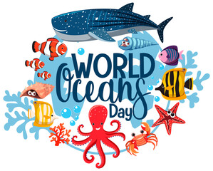 World Ocean Day banner with many different sea animals