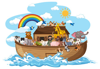Noah's Ark with Animals on water wave isolated on white background