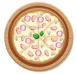 Top view of a whole vegan pizza on wooden plate isolated