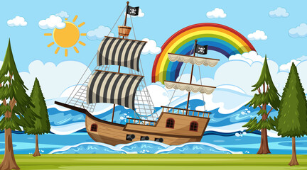 Ocean with Pirate ship at day time scene in cartoon style