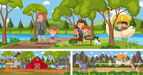 Outdoor panoramic landscape scenes set with cartoon character