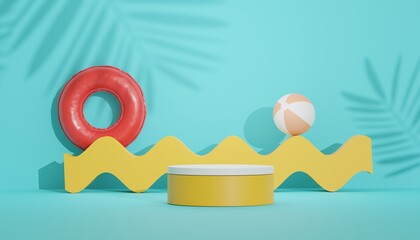 3d render of minimal display podium with summer season background concept. Minimalist pedestal for web banner and mock up.
