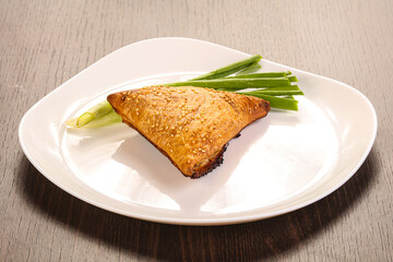 Samosa pie with meat and onion