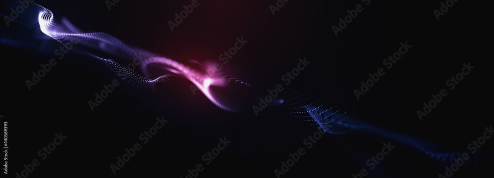 Wall mural abstract colorful digital particles wave with bokeh and light background, 3d render wave line dot ba
