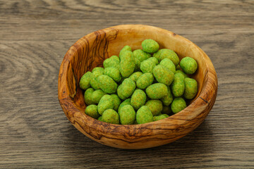 Spicy wasabi peanuts in the bowl