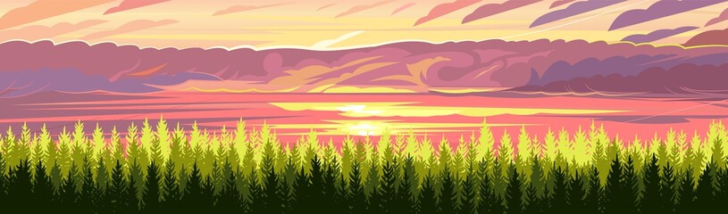 Obraz premium Pine forest. Silhouettes of coniferous trees. Wild landscape horizontally. Red sunset. Nice panoramic view. Beautifully illustration vector