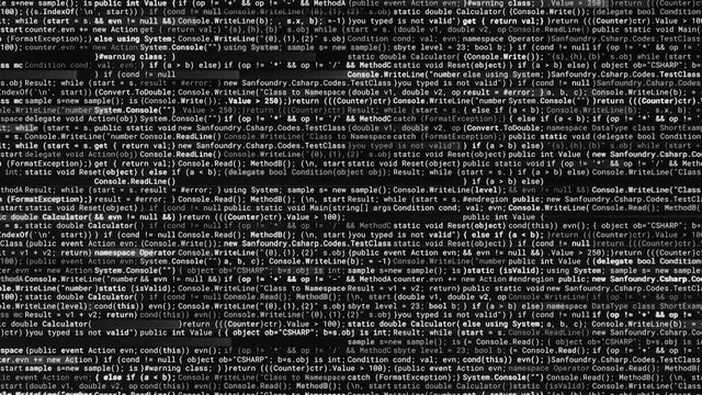 Large program text on black background. Animation. Real program text with many encodings and meanings. Program code of computer system. Background for professional programmers or hackers